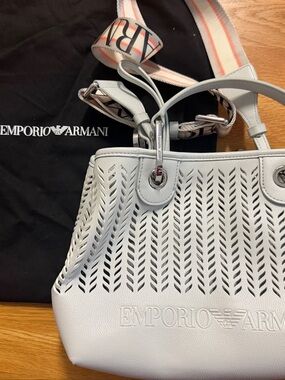 Emporio Armani White Perforated Tote with Logo Strap